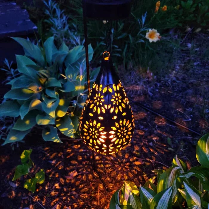 Solar Powered Hanging Lantern Outdoor with Floral Cutout Design and Warm LED Light - Image 1