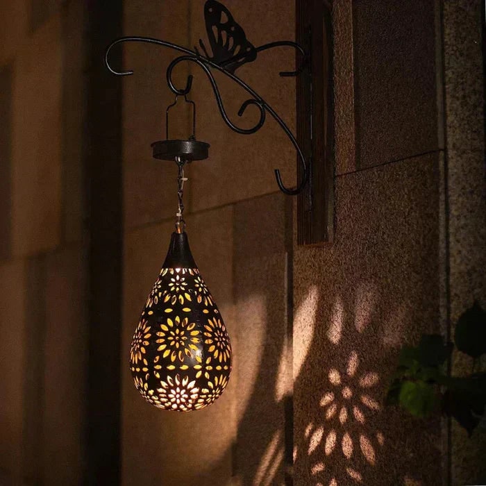 Solar Powered Hanging Lantern Outdoor with Floral Cutout Design and Warm LED Light - Image 2