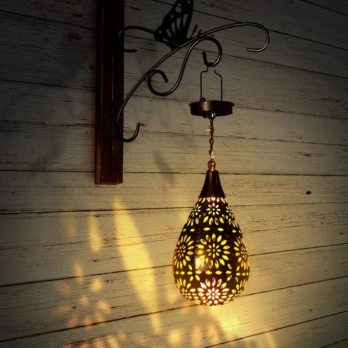 Solar Powered Hanging Lantern Outdoor with Floral Cutout Design and Warm LED Light - Image 3