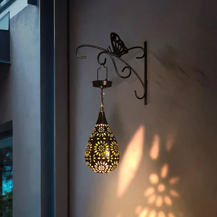 Solar Powered Hanging Lantern Outdoor with Floral Cutout Design and Warm LED Light - Image 4
