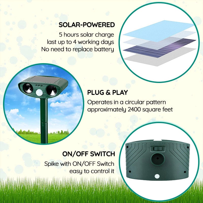 Solar Powered Ultrasonic Pest Repeller with Motion Sensor and LED Flashing Light for Garden - Image 7