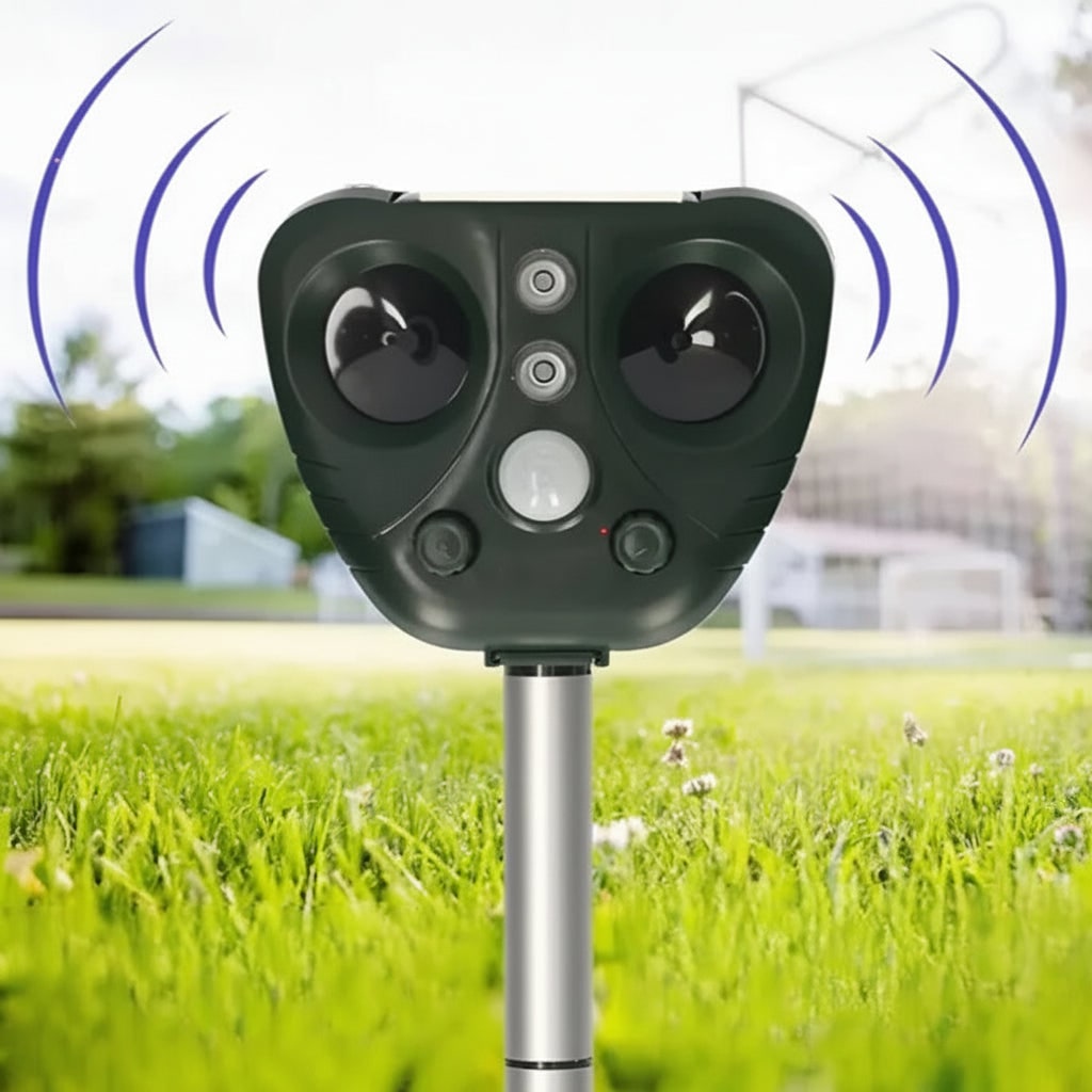 Solar Ultrasonic Animal Repeller Motion Sensor LED Waterproof Outdoor Stake - Image 1