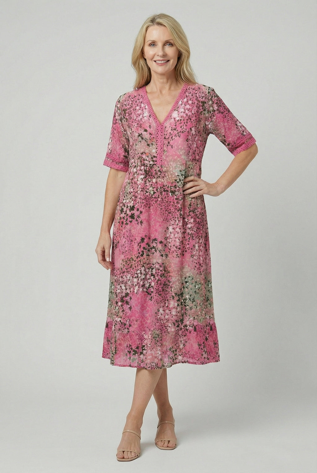 Speckled Floral Print Midi Dress with Side Pockets — alternative angle