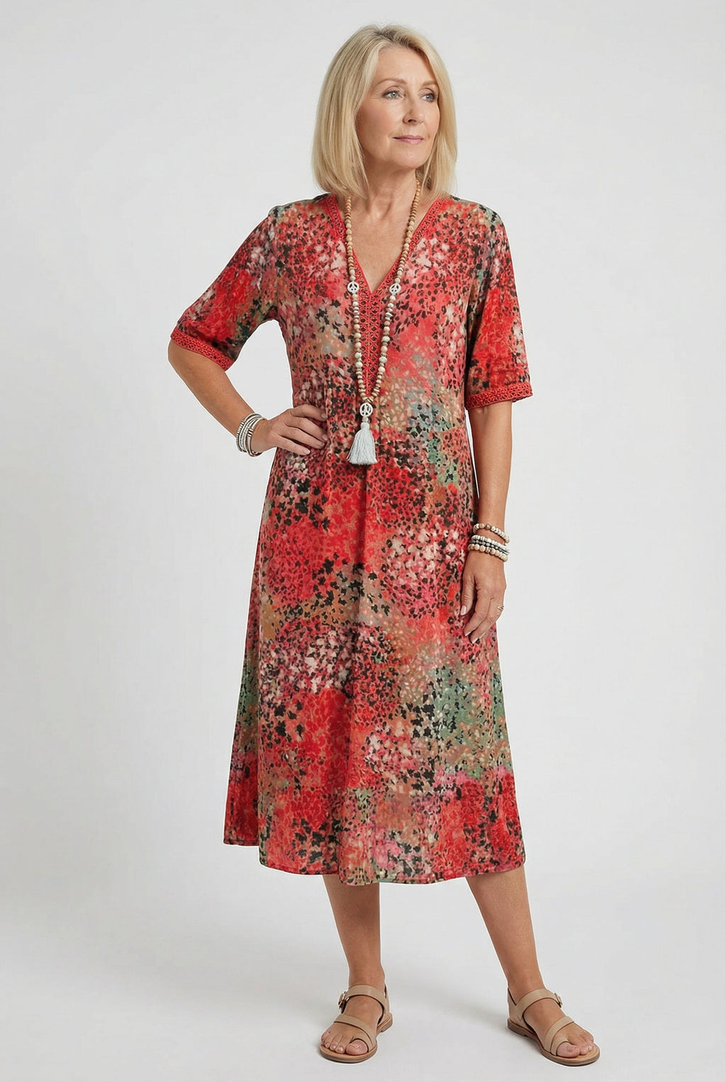 Speckled Floral Print Midi Dress with Side Pockets — back view
