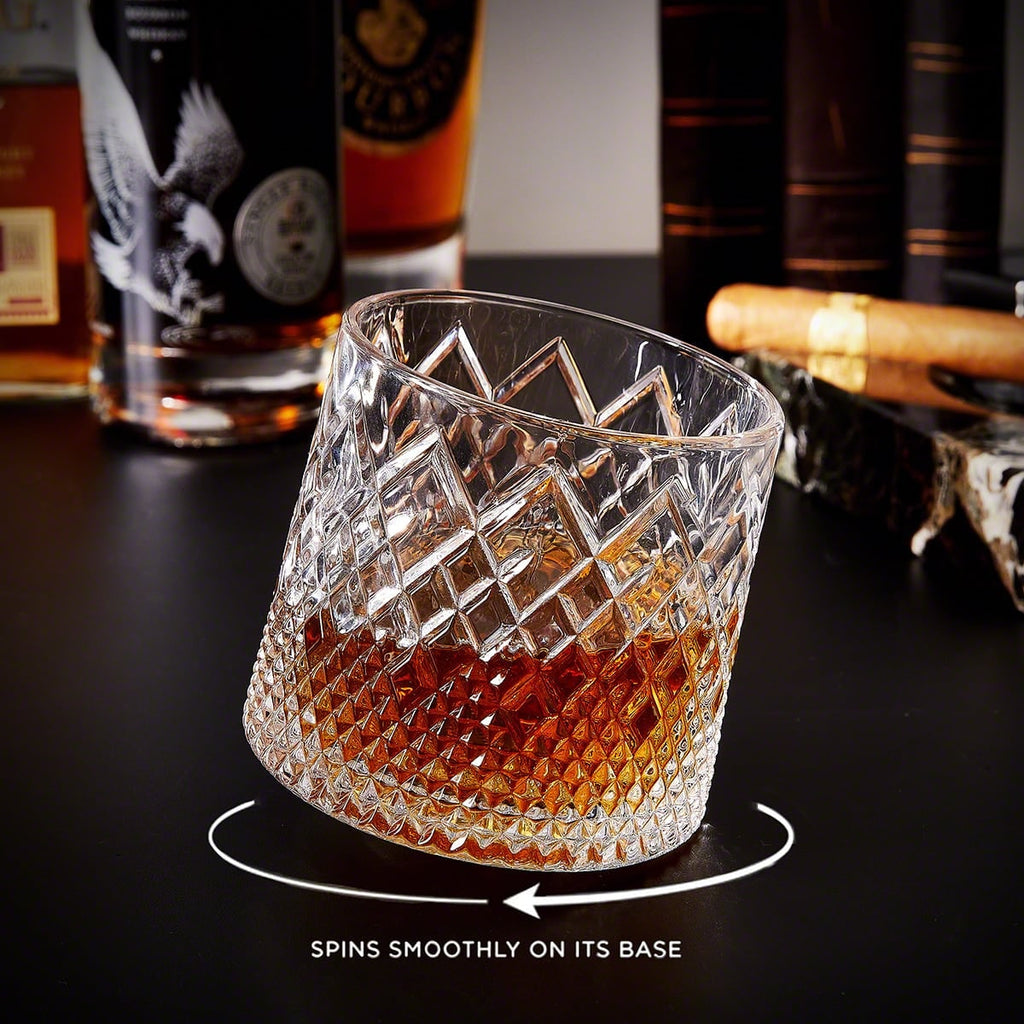 Spinning Whiskey Glass with Wooden Coaster Base Diamond Cut Pattern 10 Ounce Bourbon Tumbler - Image 1