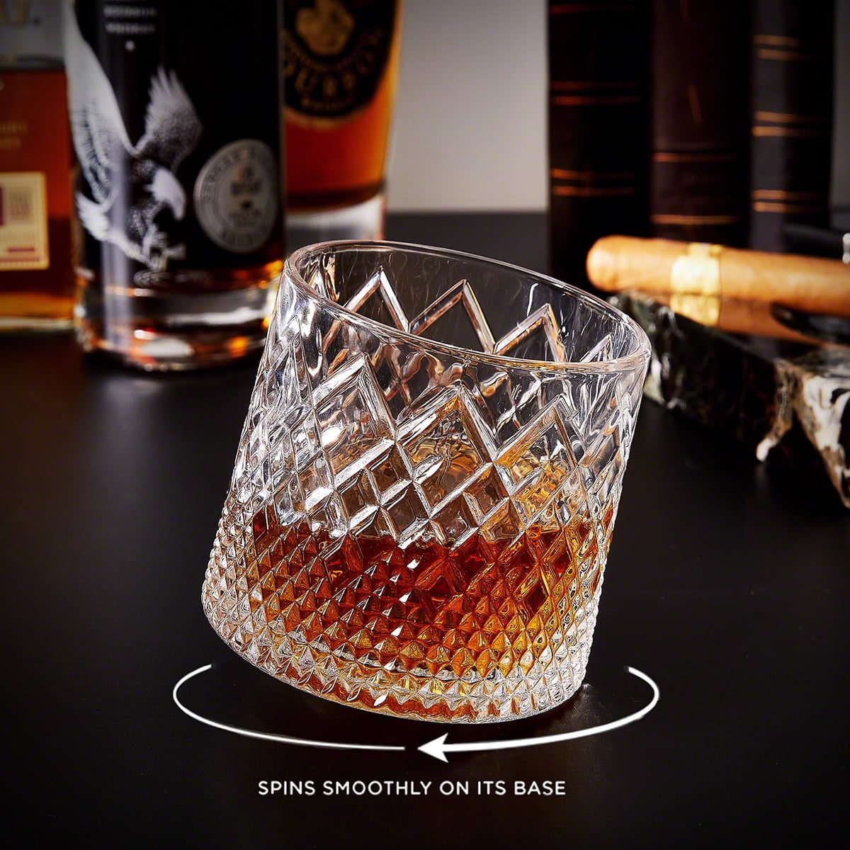 Spinning Whiskey Glass with Wooden Coaster Base Diamond Cut Pattern 10 Ounce Bourbon Tumbler - Image 1