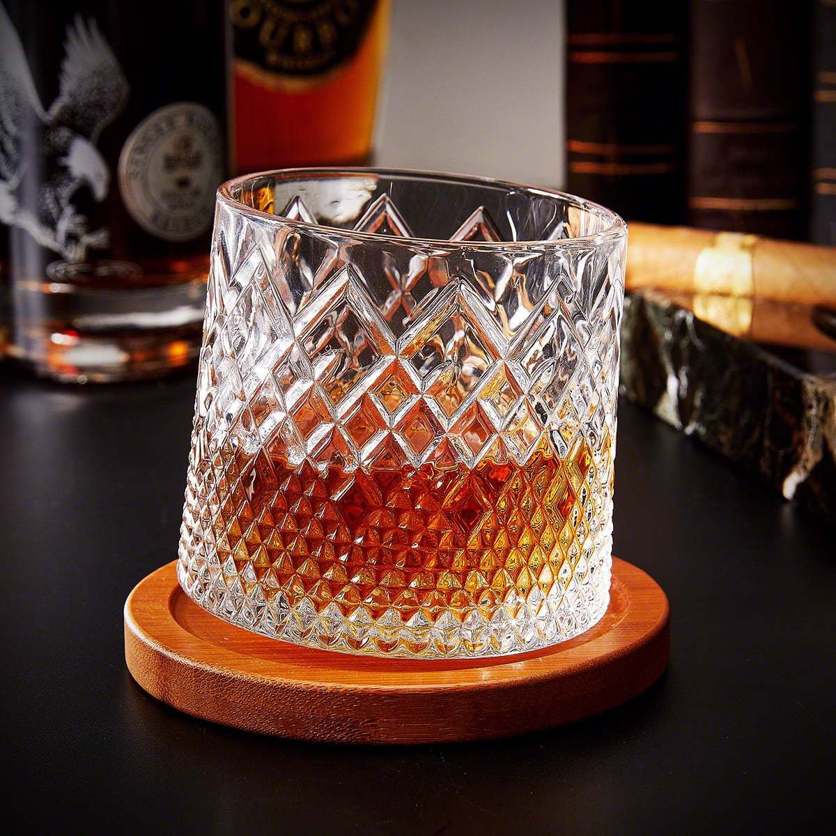 Spinning Whiskey Glass with Wooden Coaster Base Diamond Cut Pattern 10 Ounce Bourbon Tumbler - Image 2