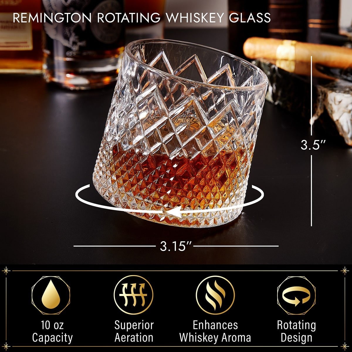 Spinning Whiskey Glass with Wooden Coaster Base Diamond Cut Pattern 10 Ounce Bourbon Tumbler - Image 3