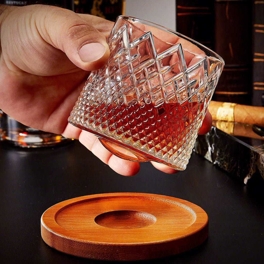 Spinning Whiskey Glass with Wooden Coaster Base Diamond Cut Pattern 10 Ounce Bourbon Tumbler - Image 4