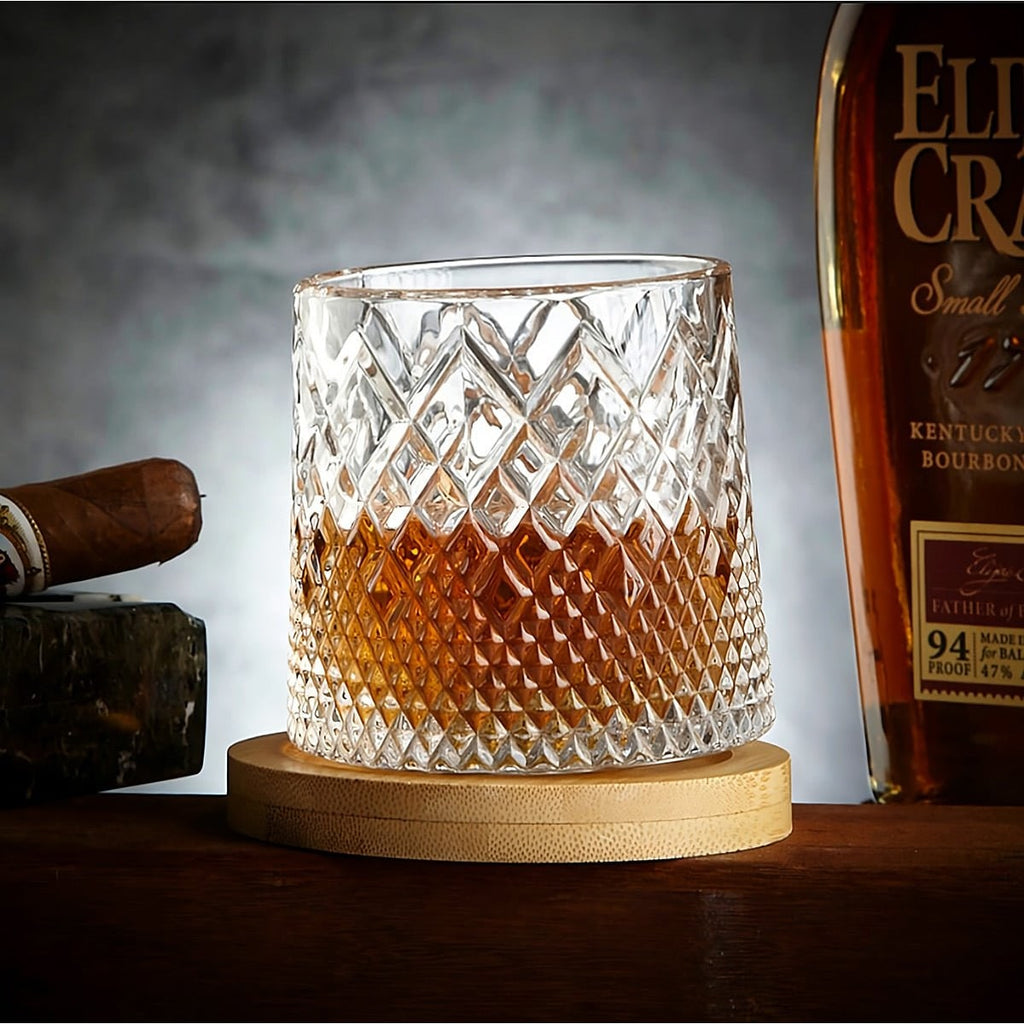 Spinning Whiskey Glass with Wooden Coaster Base Diamond Cut Pattern 10 Ounce Bourbon Tumbler - Image 5