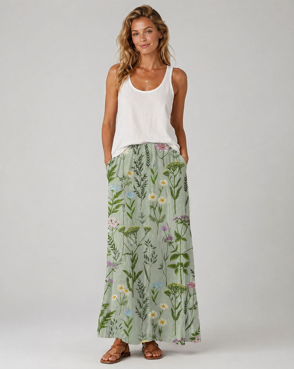 Spring Field Print Green A-Line Pocket Skirt