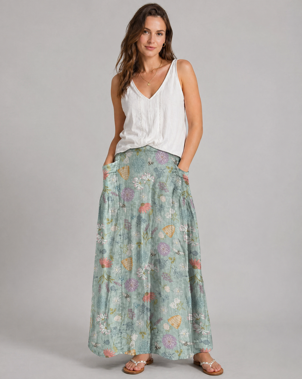 Spring Floral Bumble Bee Print Pocket Skirt