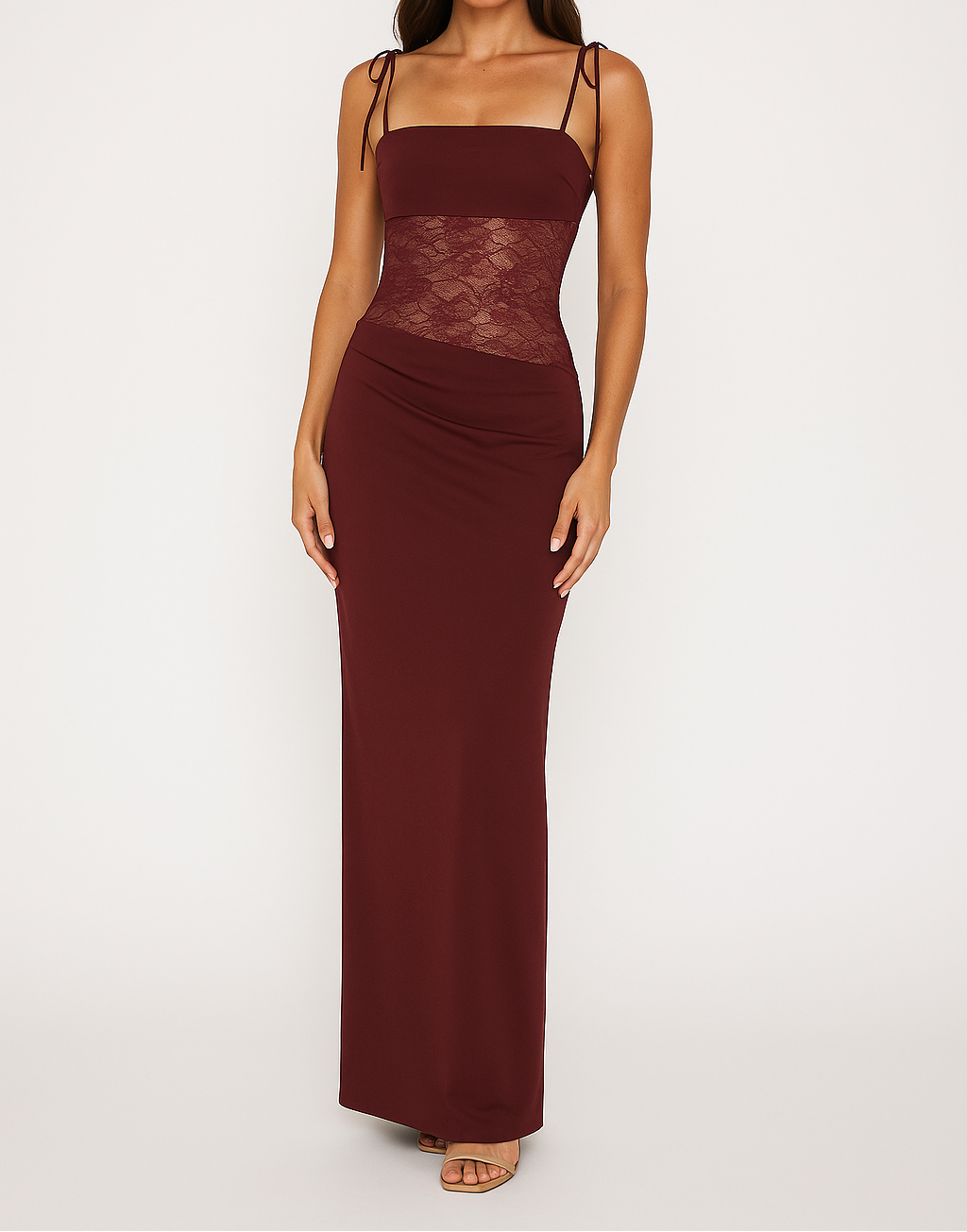 Square Neck Sheer Lace Panel Slip Long Evening Gown — side view