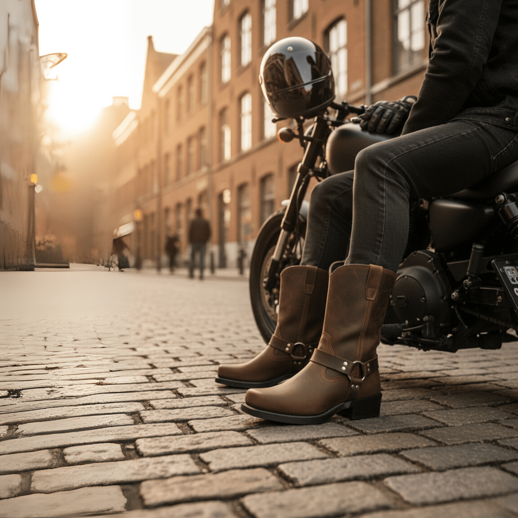 Square Toe Boots Mens Motorcycle Harness Leather Studs Non Slip Oil Resistant Sole - Image 4