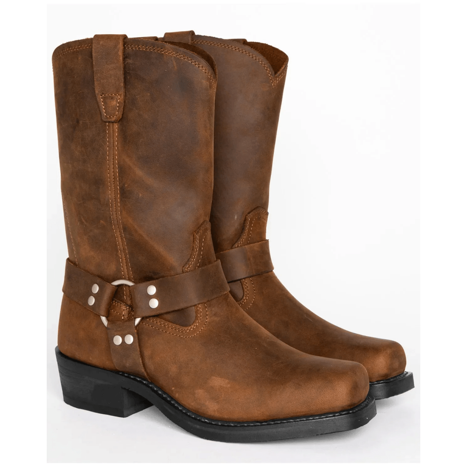Square Toe Boots Mens Motorcycle Harness Leather Studs Non Slip Oil Resistant Sole - Image 5