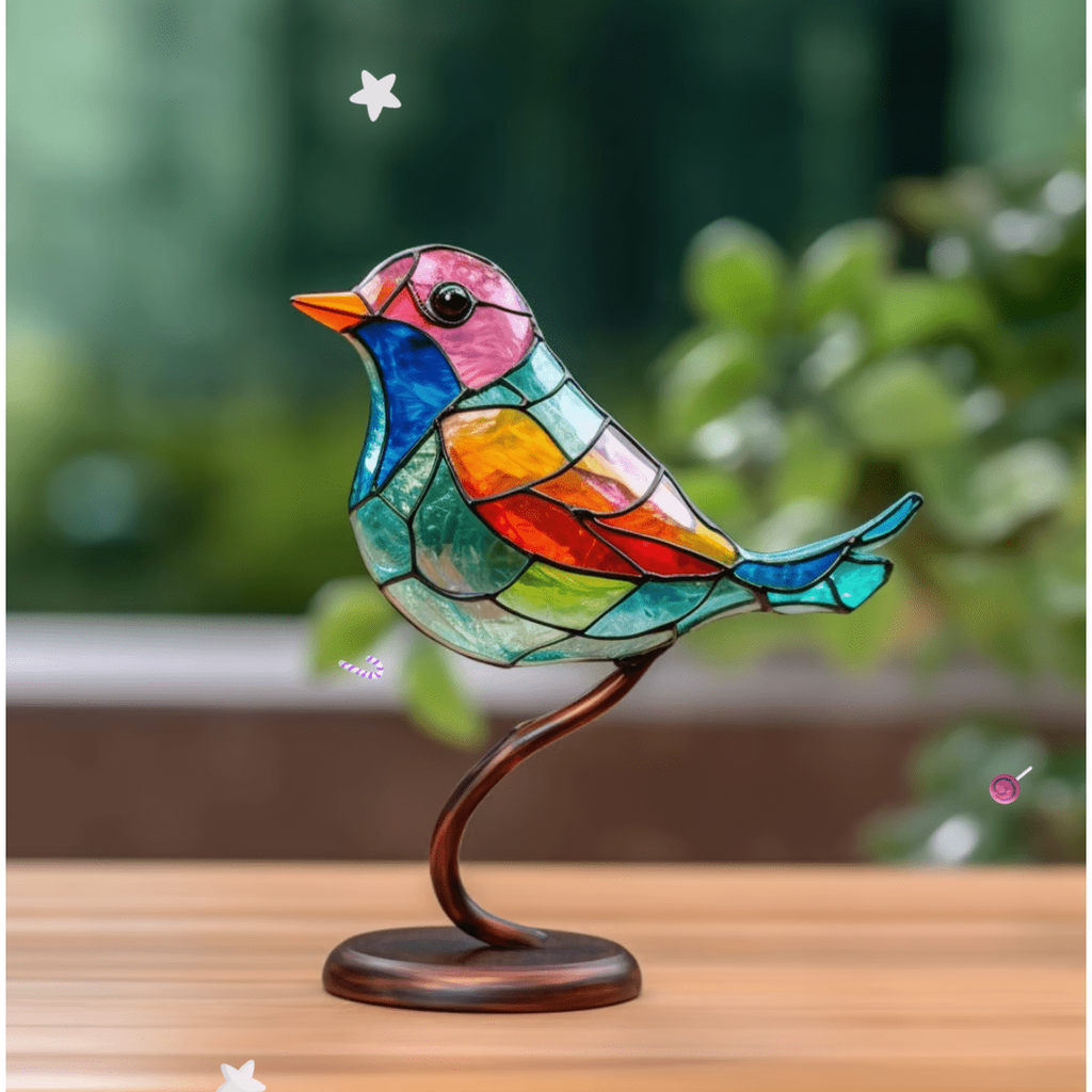 Stained Glass Bird Figurine with Metal Branch Stand and Translucent Colored Panels - Image 1