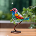 Stained Glass Bird Figurine with Metal Branch Stand and Translucent Colored Panels - Image 1