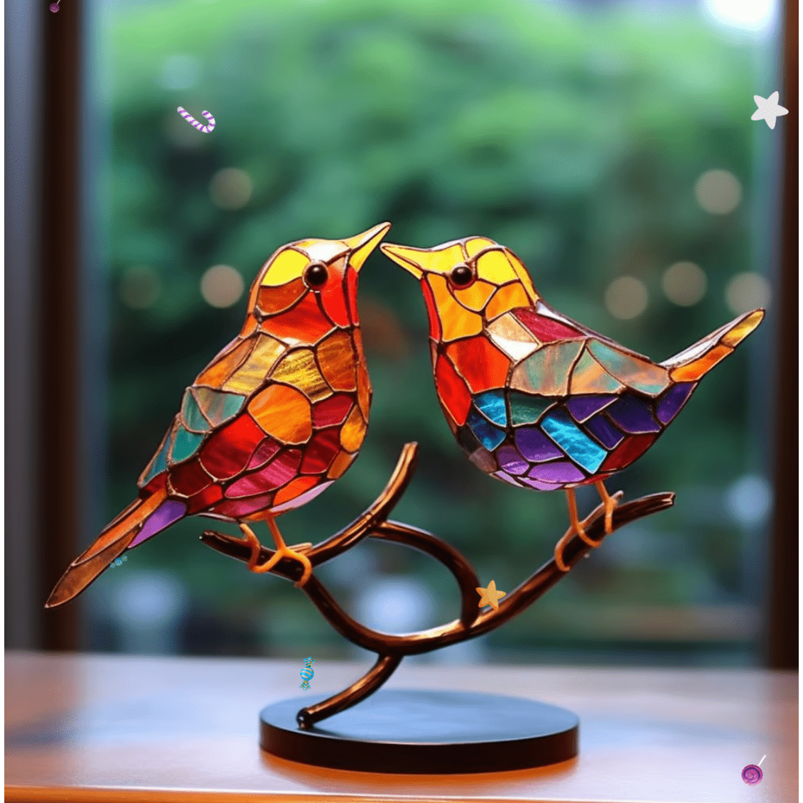 Stained Glass Bird Figurine with Metal Branch Stand and Translucent Colored Panels - Image 2