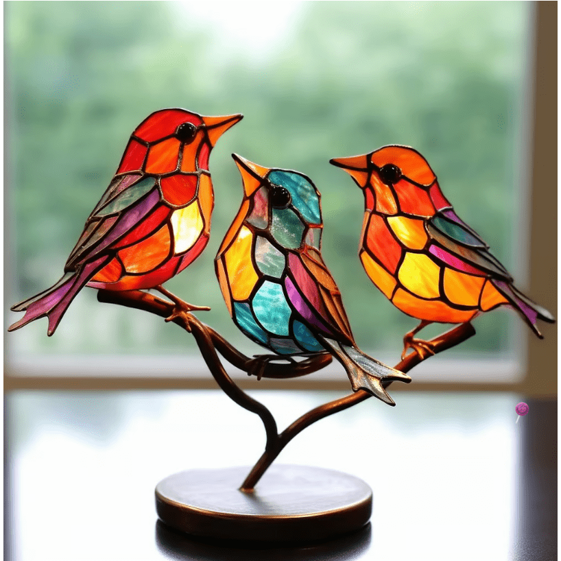 Stained Glass Bird Figurine with Metal Branch Stand and Translucent Colored Panels - Image 3
