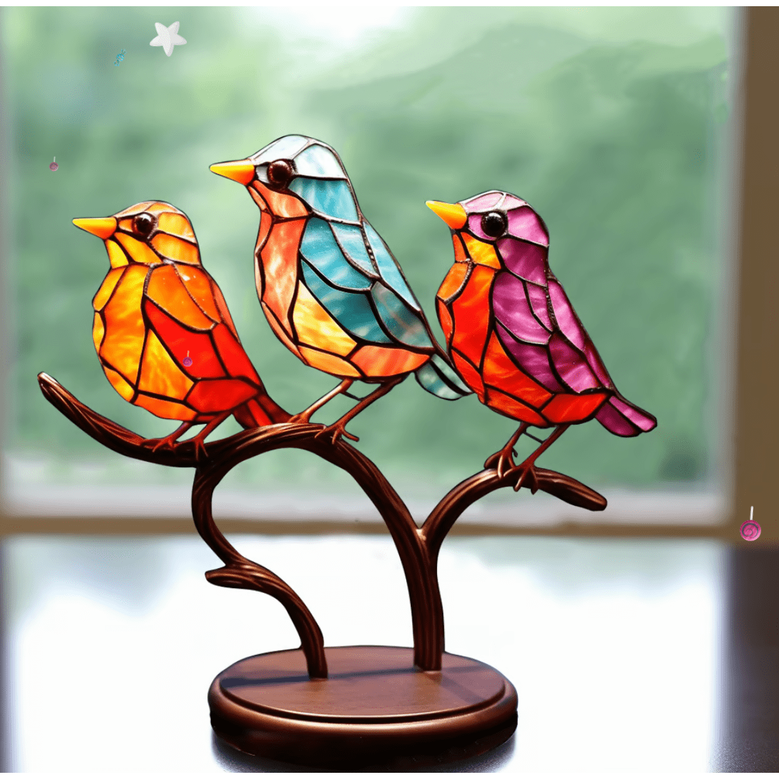 Stained Glass Bird Figurine with Metal Branch Stand and Translucent Colored Panels - Image 4