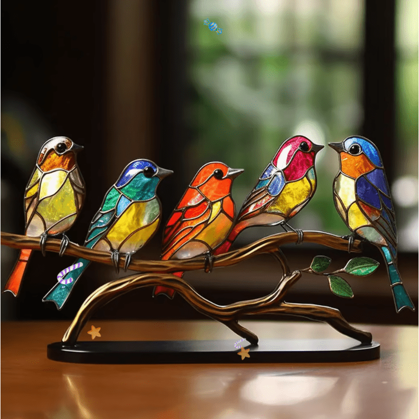 Stained Glass Bird Figurine with Metal Branch Stand and Translucent Colored Panels - Image 5