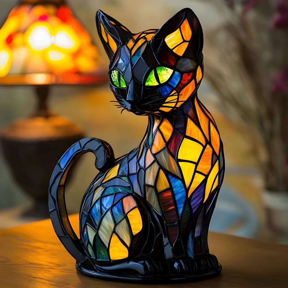 Stained Glass Cat Lamp with Green Eyes and Colorful Mosaic Tiffany Light - Image 1