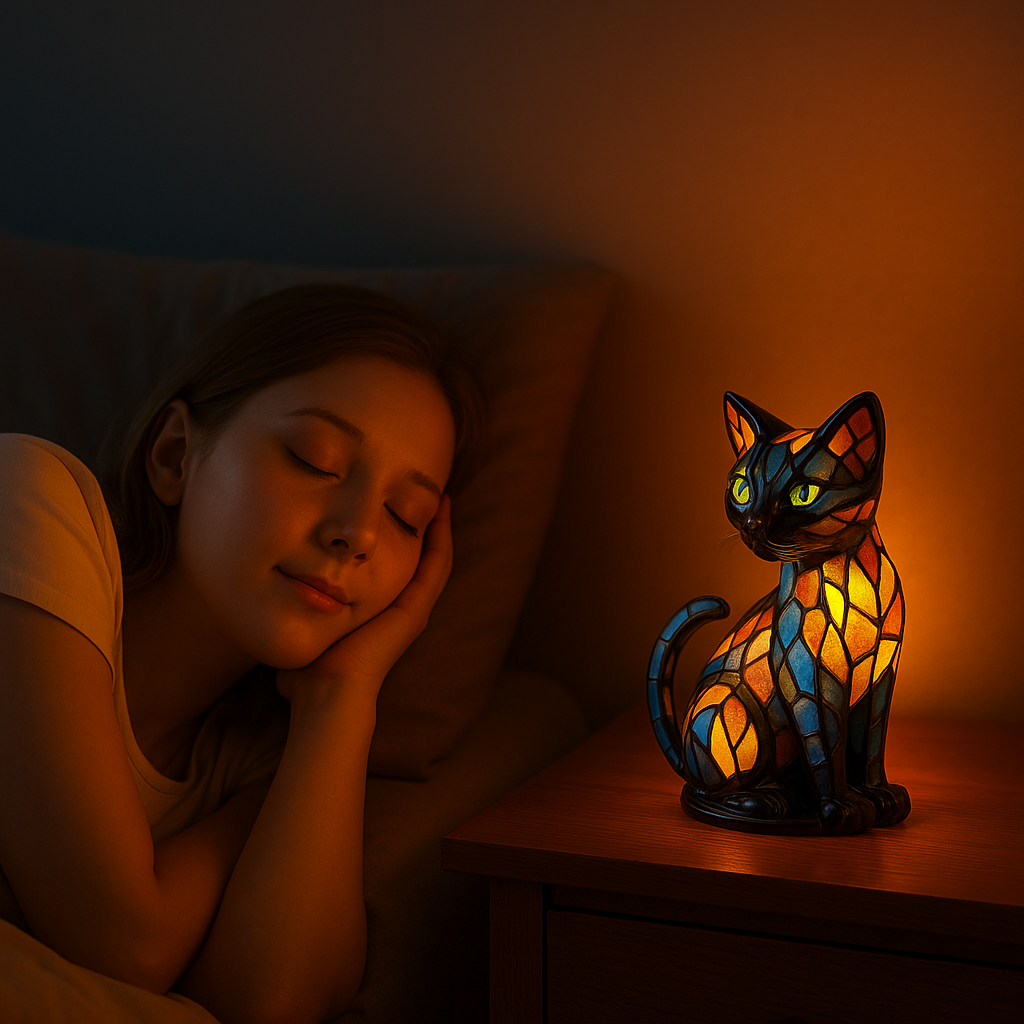 Stained Glass Cat Lamp with Green Eyes and Colorful Mosaic Tiffany Light - Image 2