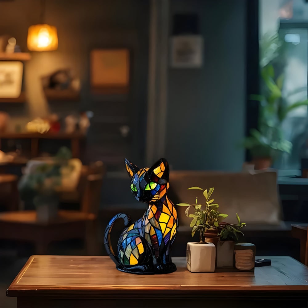 Stained Glass Cat Lamp with Green Eyes and Colorful Mosaic Tiffany Light - Image 3