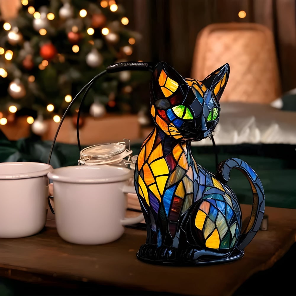 Stained Glass Cat Lamp with Green Eyes and Colorful Mosaic Tiffany Light - Image 4