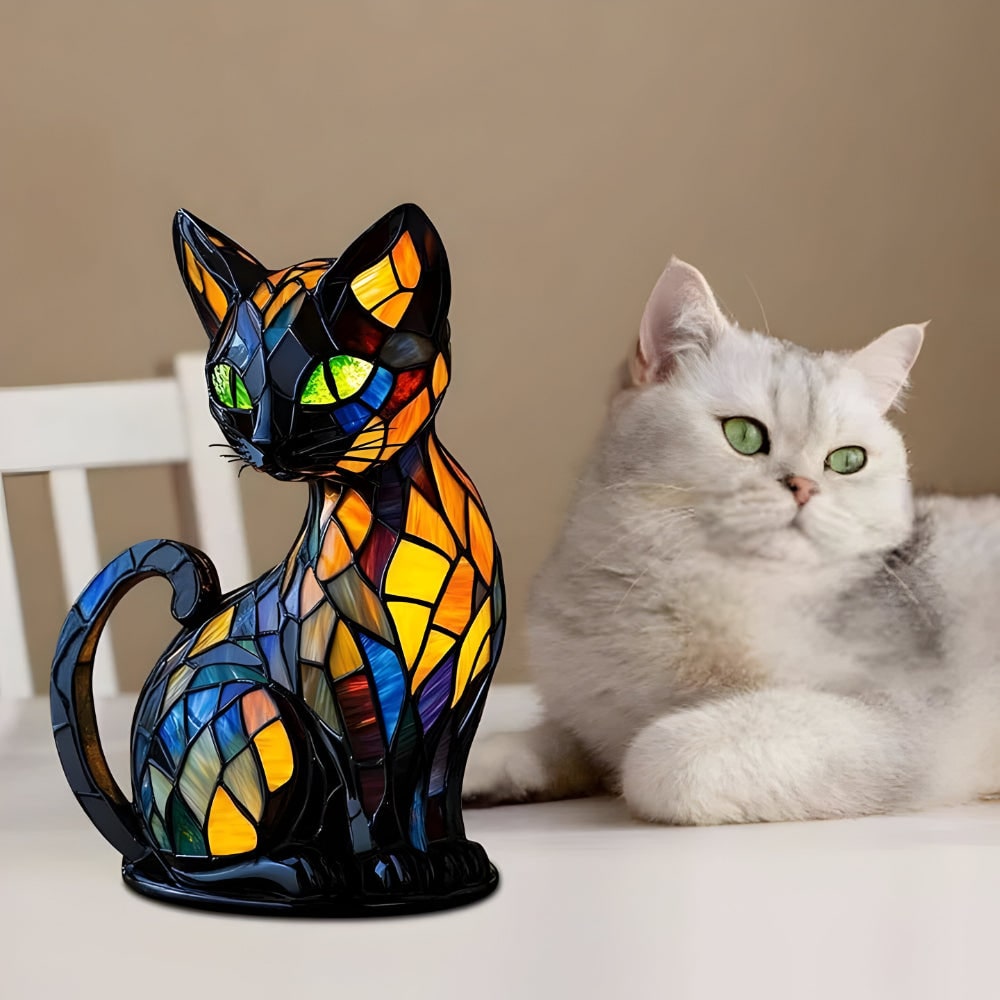 Stained Glass Cat Lamp with Green Eyes and Colorful Mosaic Tiffany Light - Image 6
