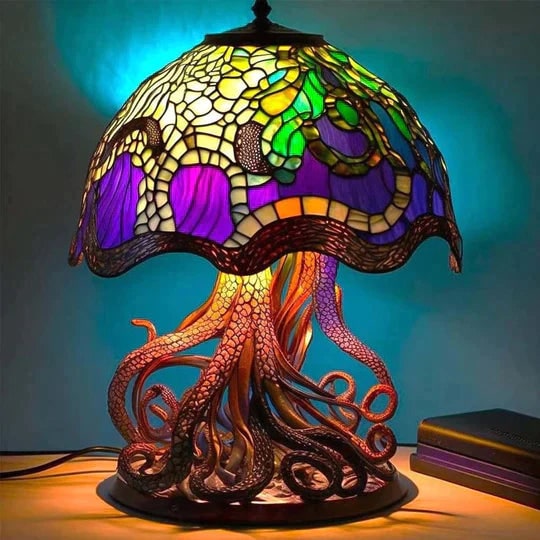 Stained Glass Table Lamp with LED Light and Organic Design - Image 7