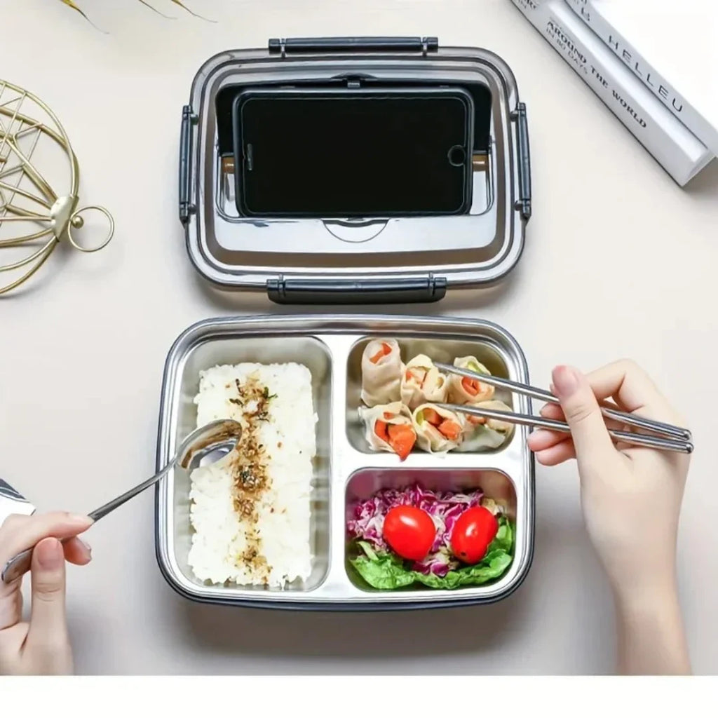 Stainless Steel Bento Lunch Box with Airtight Compartments and Included Cutlery - Image 1