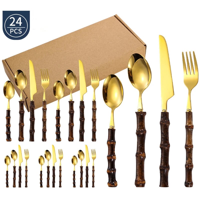 Stainless Steel Flatware Set with Bamboo Handles for 6 24-Piece Cutlery - Image 1