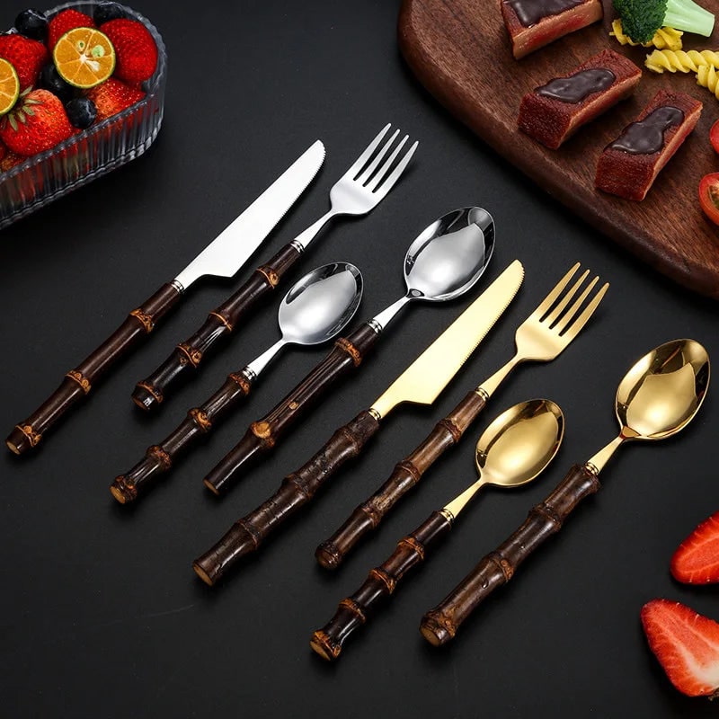 Stainless Steel Flatware Set with Bamboo Handles for 6 24-Piece Cutlery - Image 2