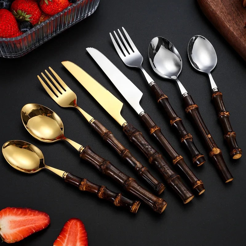 Stainless Steel Flatware Set with Bamboo Handles for 6 24-Piece Cutlery - Image 3
