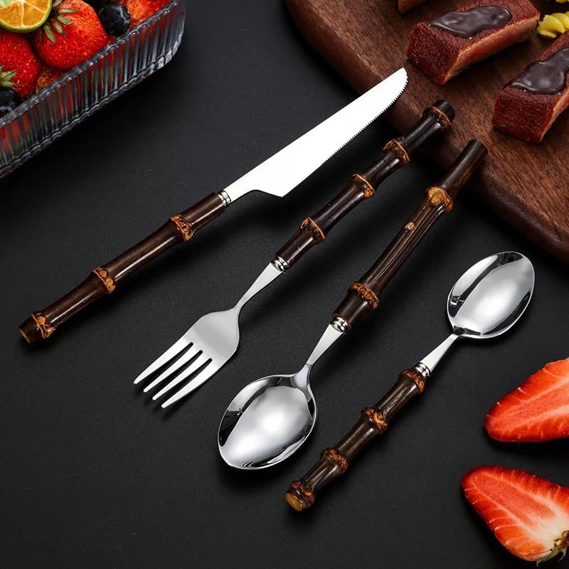 Stainless Steel Flatware Set with Bamboo Handles for 6 24-Piece Cutlery - Image 4