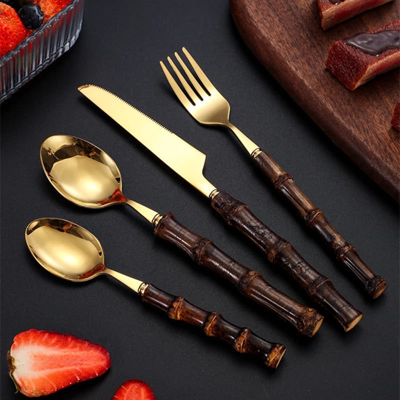 Stainless Steel Flatware Set with Bamboo Handles for 6 24-Piece Cutlery - Image 5