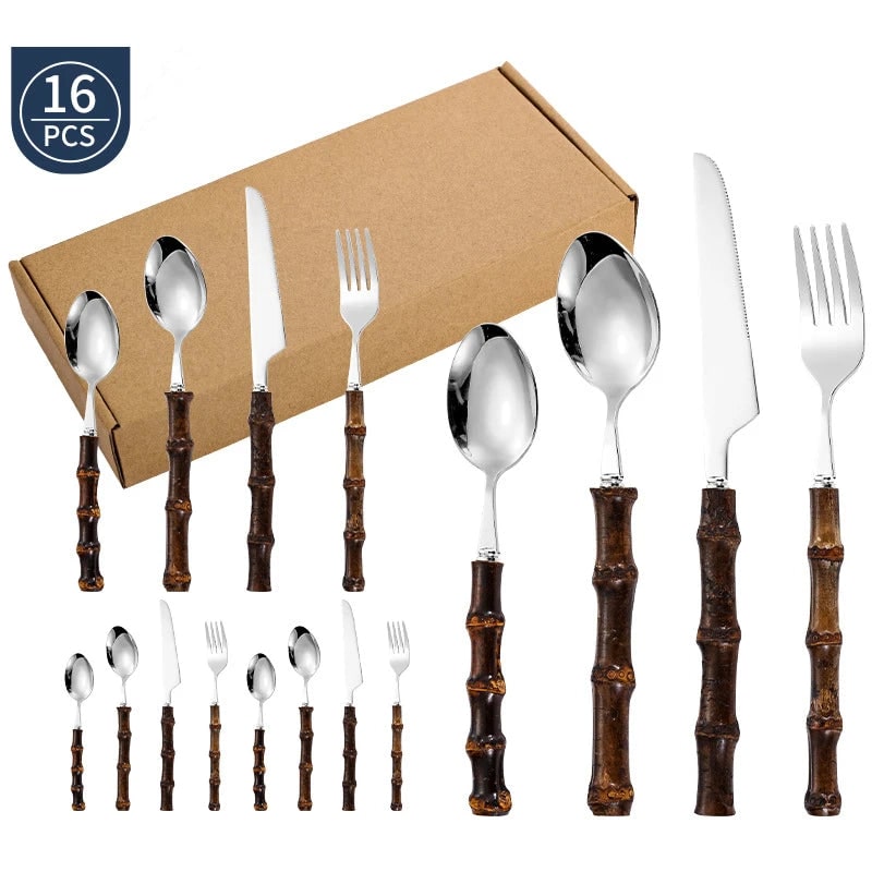 Stainless Steel Flatware Set with Bamboo Handles for 6 24-Piece Cutlery - Image 8
