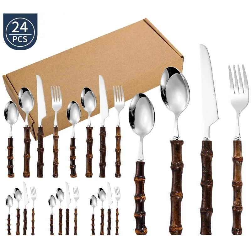 Stainless Steel Flatware Set with Bamboo Handles for 6 24-Piece Cutlery - Image 9