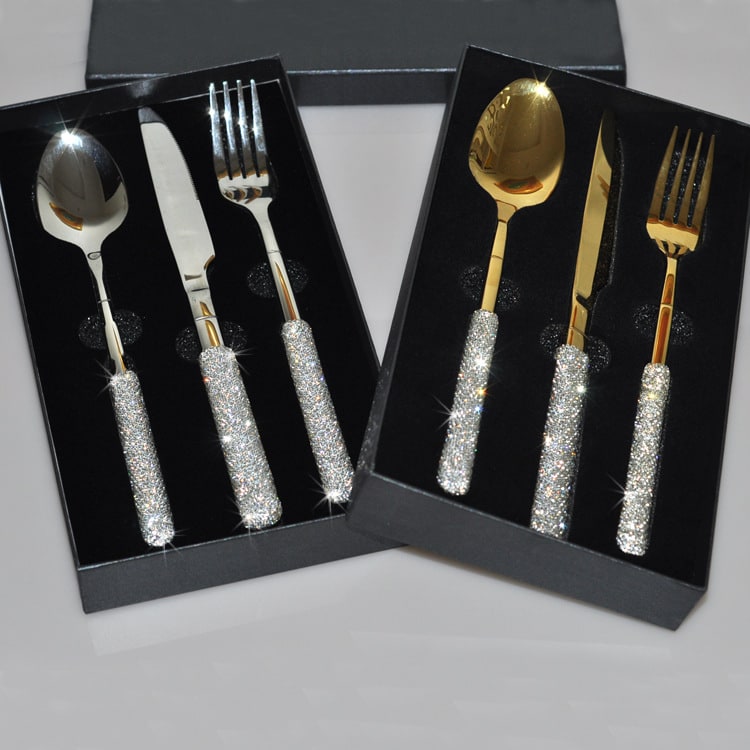 Stainless Steel Flatware Set with Rhinestone Handles and Gold Plating Options 20 Piece - Image 3