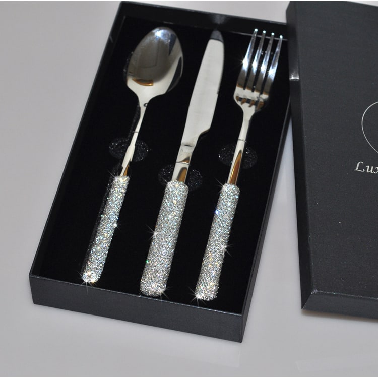Stainless Steel Flatware Set with Rhinestone Handles and Gold Plating Options 20 Piece - Image 4