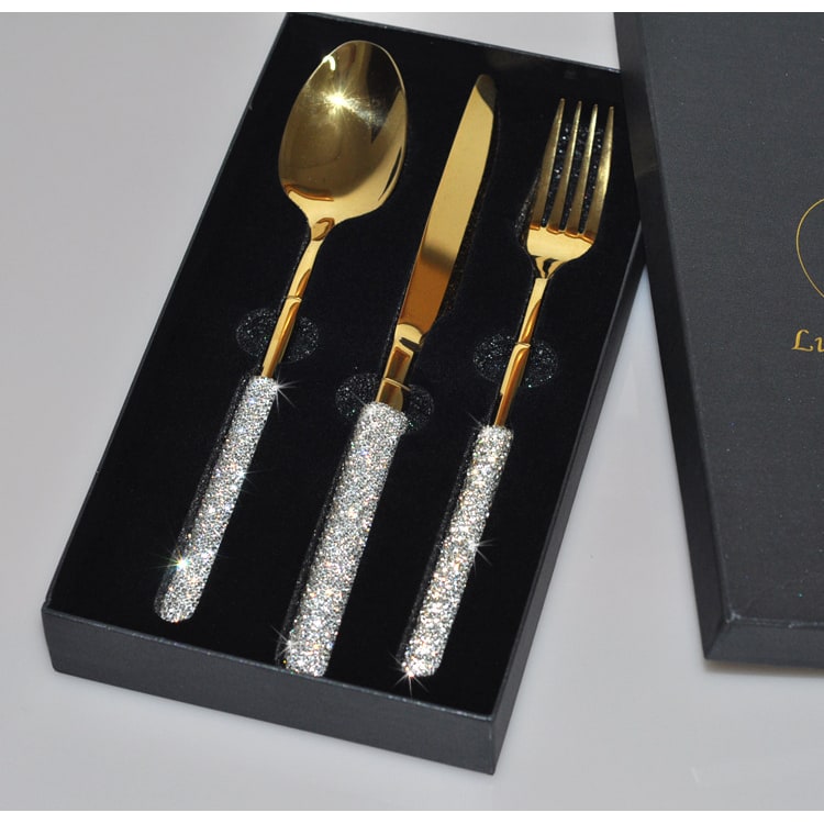 Stainless Steel Flatware Set with Rhinestone Handles and Gold Plating Options 20 Piece - Image 9