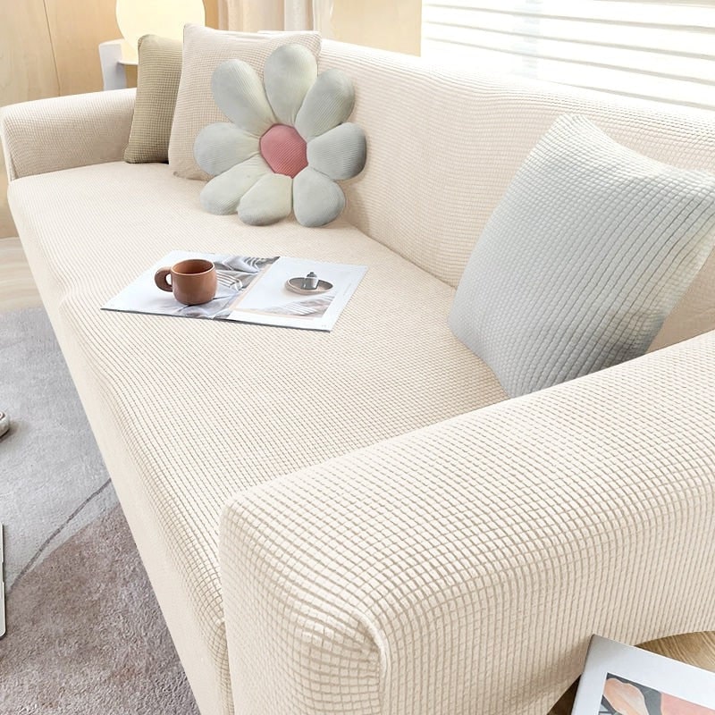 Stretch Fitted Sofa Slipcover with Elastic Waffle Knit and Armrest Coverage Outdoor With Cover - Image 1