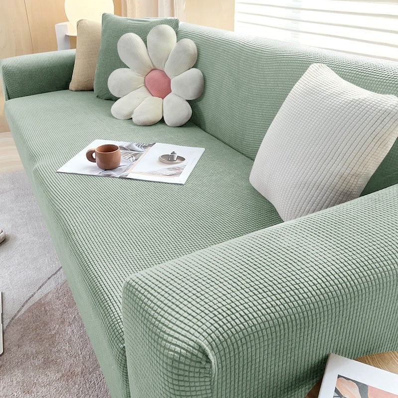 Stretch Fitted Sofa Slipcover with Elastic Waffle Knit and Armrest Coverage Outdoor With Cover - Image 5