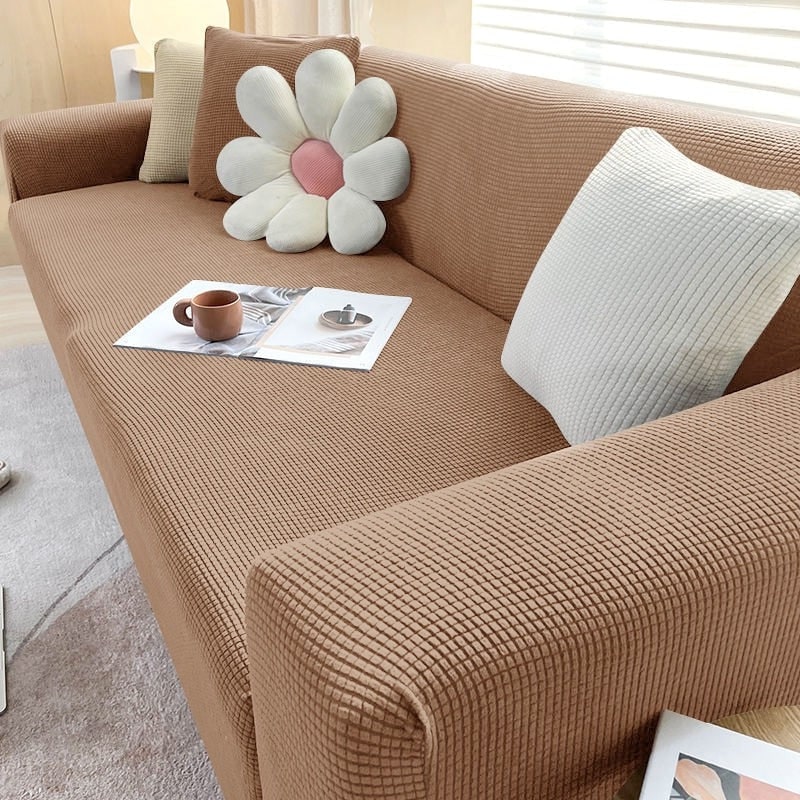 Stretch Fitted Sofa Slipcover with Elastic Waffle Knit and Armrest Coverage Outdoor With Cover - Image 7