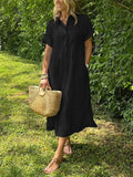 Striped Button-Front Midi Shirt Dress with Short Sleeves and Collar — side view