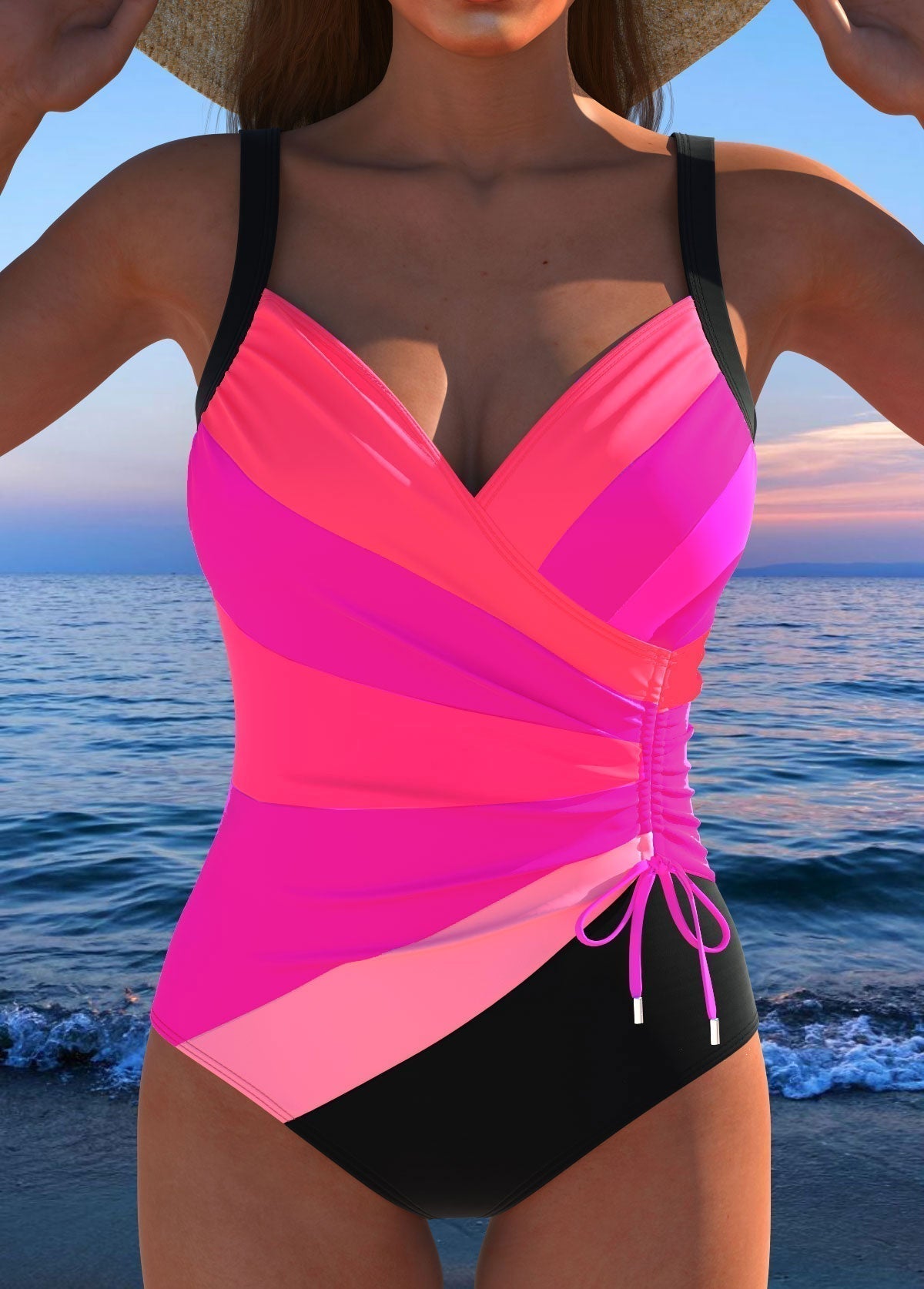 Surplice Wrap Tummy Control One-Piece Swimsuit for Women — model wearing