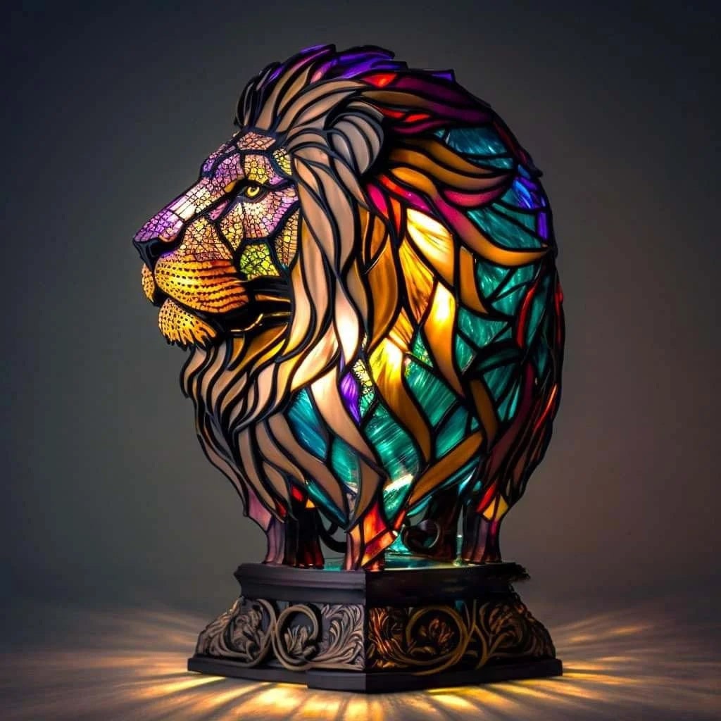 Table Lamp Animal Stained Glass Resin Mosaic Illuminated Multicolored Shaped - Image 3
