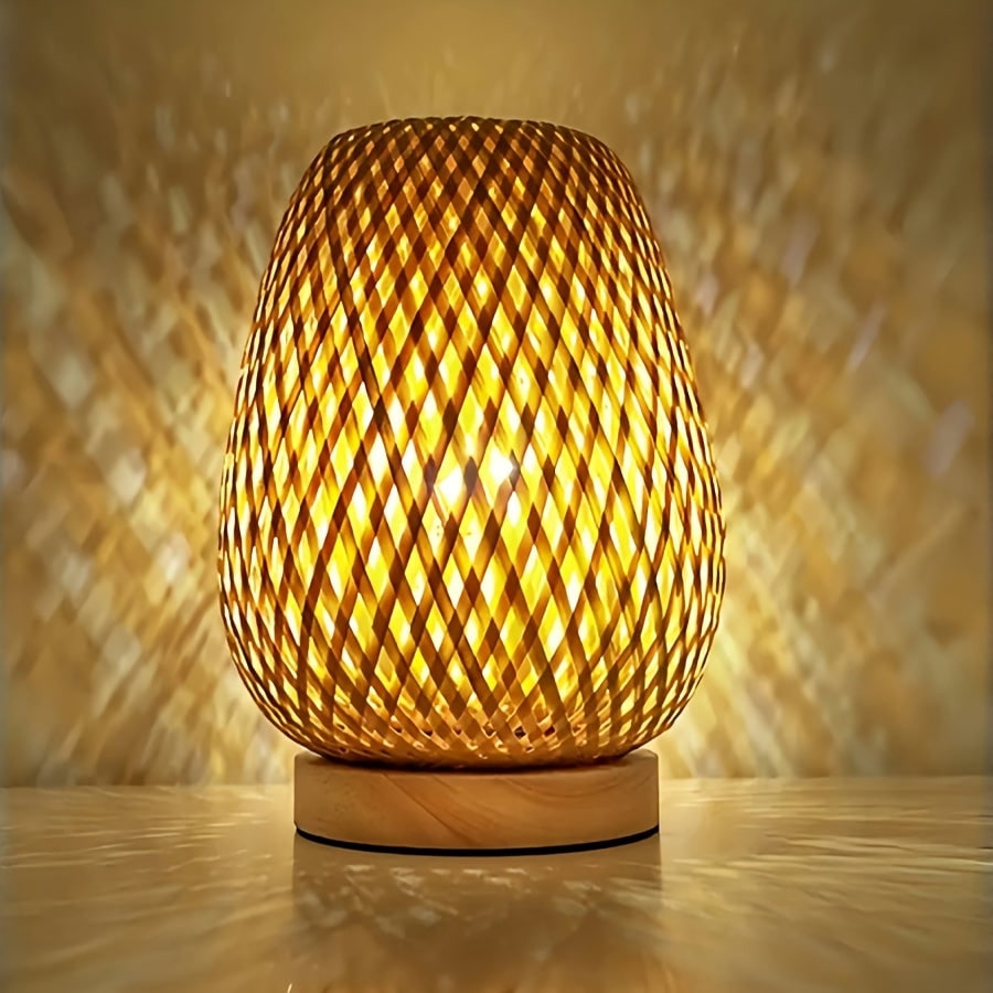 Table Lamp Dimmable Bedside Nightstand Woven Bamboo Wooden Base USB - Image 1