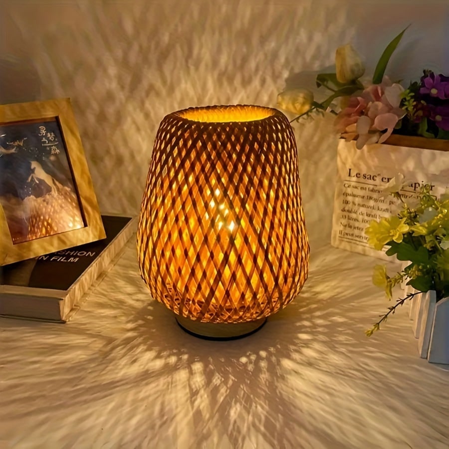 Table Lamp Dimmable Bedside Nightstand Woven Bamboo Wooden Base USB - Image 2